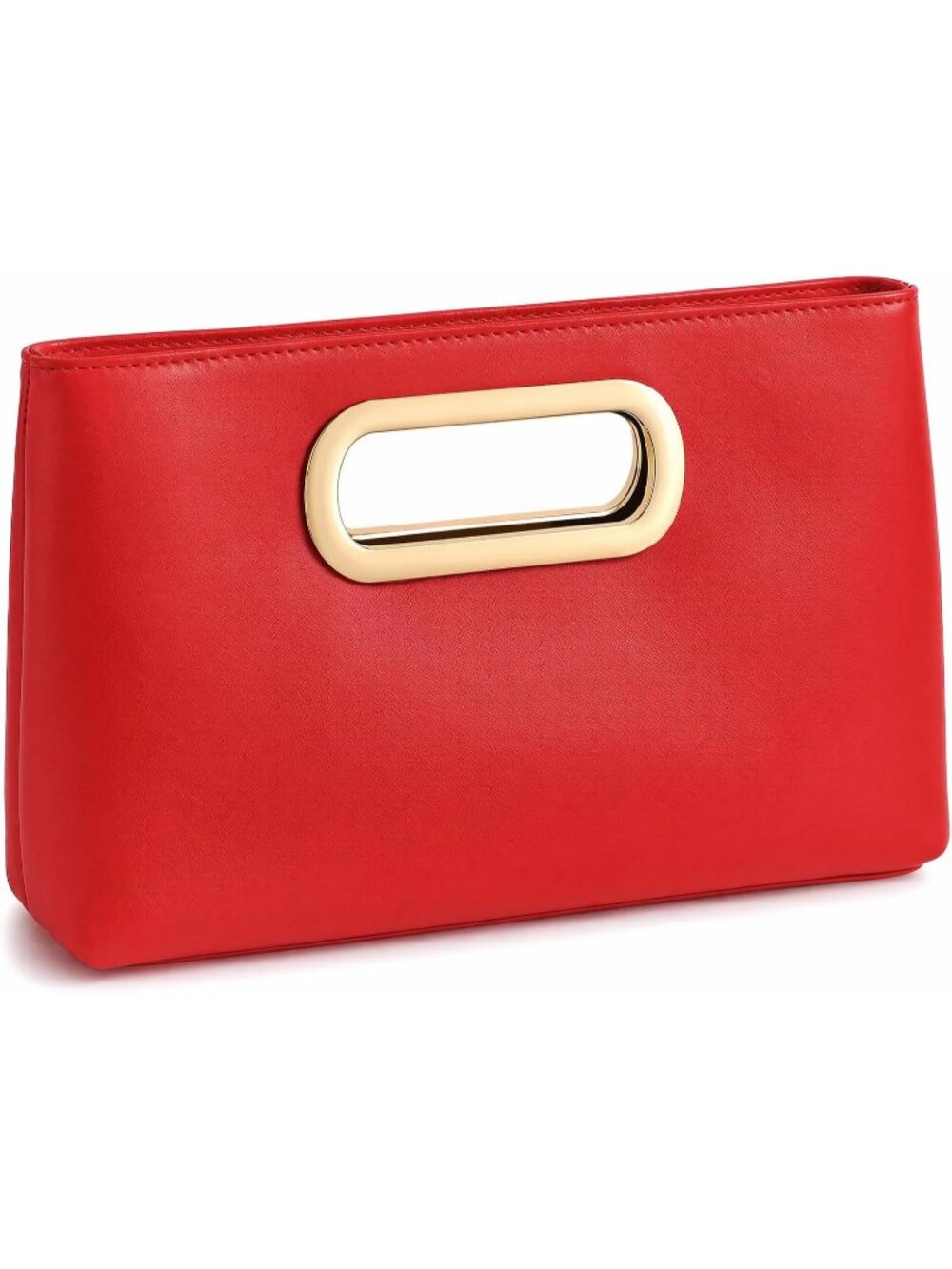 Women's Red Clutch Handbag Modern Faux Leather with Metal Handle Evening Bag